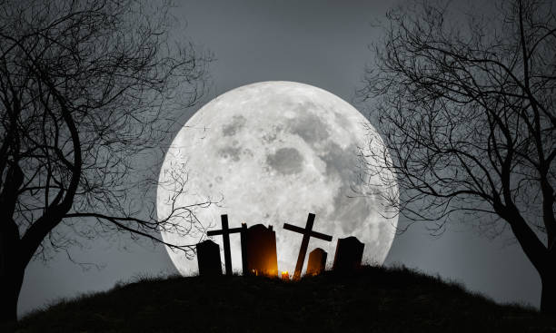 istock Halloween background of a graveyard with a full moon 1337573215