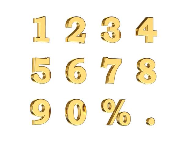 litery numeryczne z symbolem procentowym i symbolem kropki - number 4 gold number three dimensional shape zdjęcia i obrazy z banku zdjęć