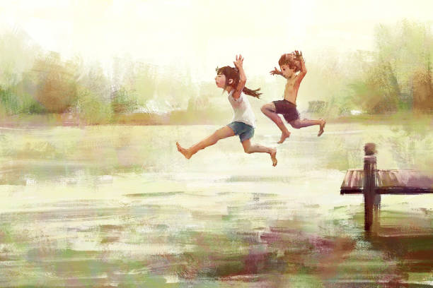 illustrations, cliparts, dessins animés et icônes de ensemble de peinture d’art numérique d’enfants sautant du quai dans un lac. - nature play illustrations