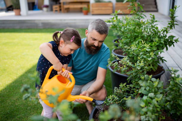 istock Father and small daughter with watering can outdoors in tha backyard, looking at camera. 1337578804