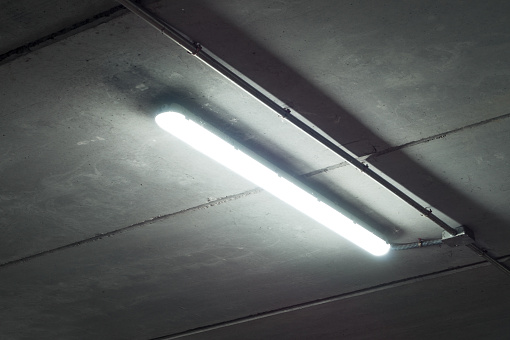 Fluorescent tube lamp in a garage. Mysterious or horror scene or environment with spiders next to white light from a tube lamp.