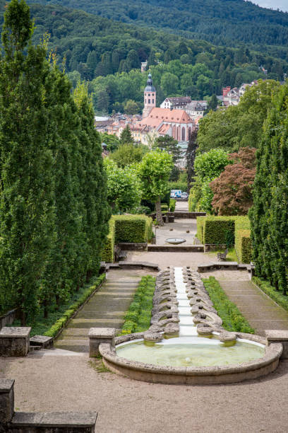Water installation in Baden-Baden with a view of the Black Forest on a summer day