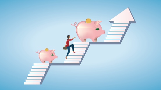 Woman climbing higher and higher to bigger and bigger piggy bank. Stairway to success. Plan for growth. Dimension 16:9. EPS10.