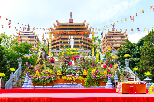 Ho Chi Minh City, Vietnam - March 1st, 2018: Landscape architecture monastery Minh Dang Quang was designed to prepare holiday Vesak annual wished peace to Buddhists in Ho Chi Minh City, Vietnam