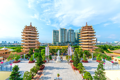 Ho Chi Minh City, Vietnam - March 1st, 2018: Landscape architecture monastery Minh Dang Quang was designed to prepare holiday Vesak annual wished peace to Buddhists in Ho Chi Minh City, Vietnam