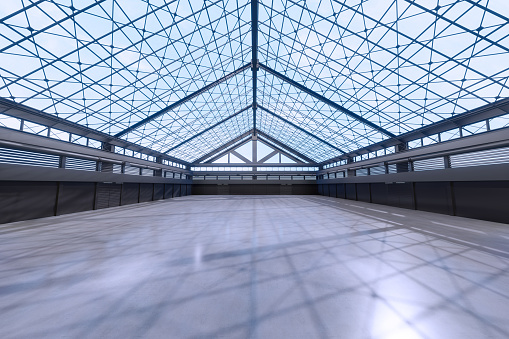 Empty hall exhibition centre.The backdrop for exhibition stands, booth,market,garage.Conversation for activity.Big Arena for entertainment,event,sports.Indoor for agricultural organic farm.3d render.