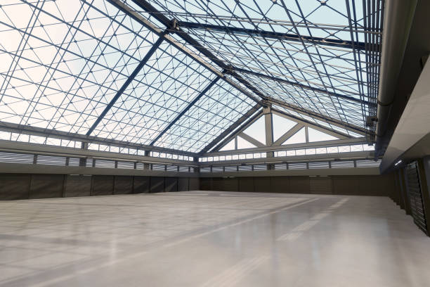 istock Empty hall exhibition centre.The backdrop for exhibition stands, booth,market,garage.Conversation for activity.Big Arena for entertainment,event,sports.Indoor for agricultural organic farm.3d render. 1337585016