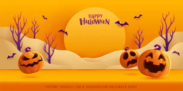 Vector illustration of Happy Halloween. Halloween orange theme paper graphic cloud scene with group of 3D illustration pumpkin on studio table.