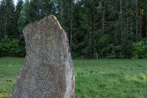 An ancient rune stone with cross and snake carvings on it.  The edges of the stone has runic inscriptions. It stands near thick woods in the city of Uppsala, Sweden.