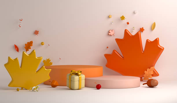 jesienne koło dekoracji podium tło z liśćmi klonu pomarańczowego, pudełko upominkowe, makieta wystawowa produktu, ilustracja renderowania 3d - abstract creativity autumn backdrop zdjęcia i obrazy z banku zdjęć