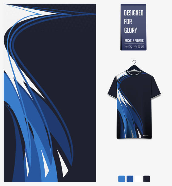 Soccer jersey pattern design. Abstract pattern on blue background for soccer kit, football kit or sports uniform. T-shirt mockup template. Fabric pattern. Abstract background. Soccer jersey pattern design. Abstract pattern on blue background for soccer kit, football kit, bicycle, e-sport, basketball, t-shirt mockup template. Fabric pattern. Abstract background. Vector Illustration. abstract shirts stock illustrations