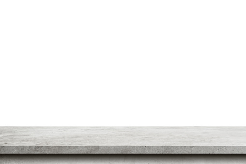Mesa de cemento vacía sobre fondo blanco aislado con espacio de copia y montaje de pantalla para el producto. photo