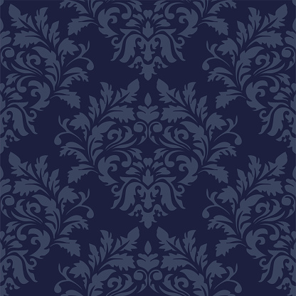 Seamless navy blue damask luxury decorative textile pattern.