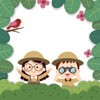 Template for advertising brochure with cartoon of girl and boy holding binoculars with a bird in nature. Kids observing nature in paper cut style.