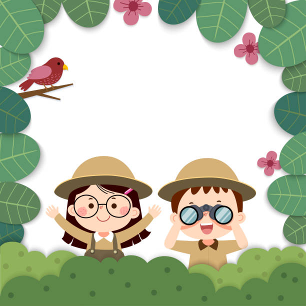 Template for advertising brochure with cartoon of girl and boy holding binoculars with a bird in nature. Kids observing nature in paper cut style. Template for advertising brochure with cartoon of girl and boy holding binoculars with a bird in nature. Kids observing nature in paper cut style. exploration illustrations stock illustrations