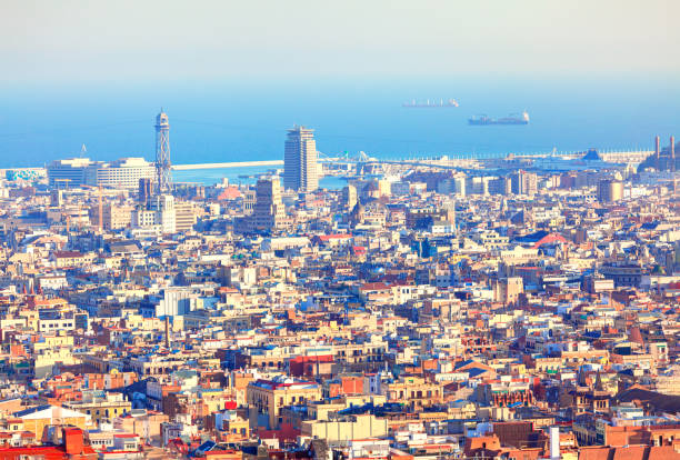 Barcelona city panorama . Mediterranean Sea coastline and port . L'Hospitalet de Llobregat district , part of Barcelona