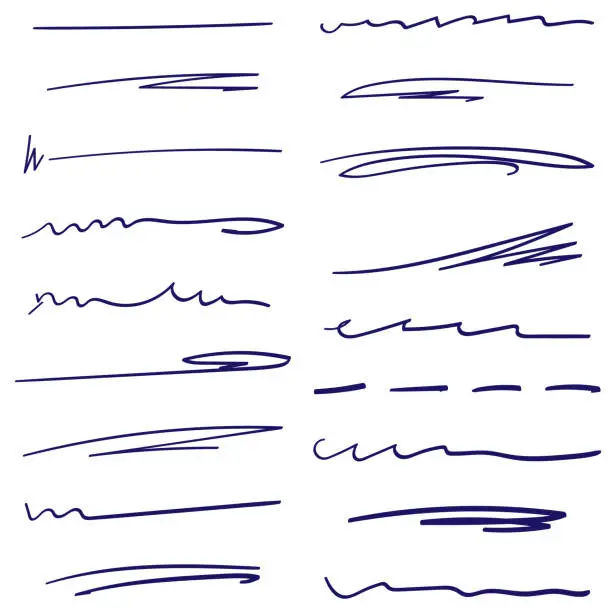 Vector illustration of Set of handmade lines, brush lines, underlines. Hand-drawn collection of doodle style various shapes.