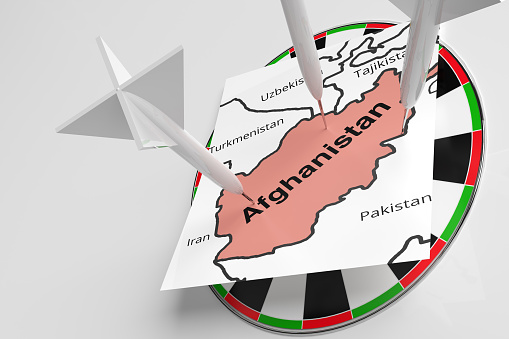 3d illustration with a dart board and a sheet with a map of Afghanistan nailed to it. Template on the topic of news.