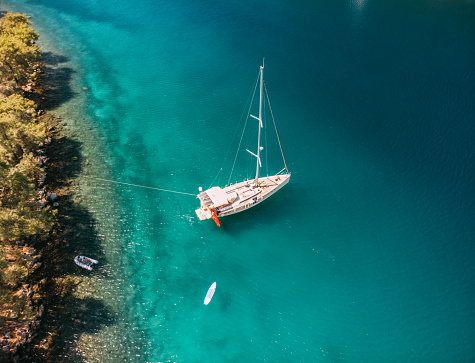 Aerial View Classical Sailboat Anchored in Aegean Sea
