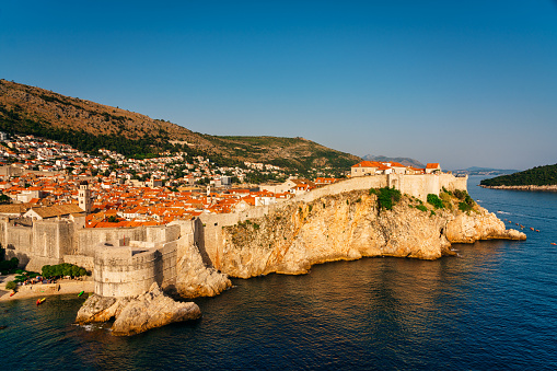 Aerial view at famous travel destination city of Dubrovnik - Fort Bokar seen from Fort Lovrijenac on a sunny day. Location: Dubrovnik, Dalmatia, Croatia, Europe