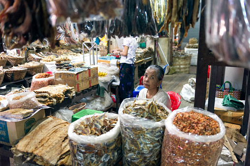 Myanmar. Mon State. Mawlamyine (Moulmein). Covered market. Woman dried fish merchant