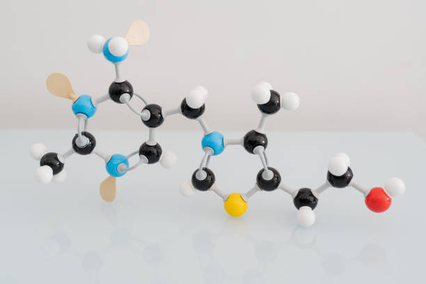 Isolated vitamin B1 made by molecular model with reflection on white background. Thiamine chemical formula with colored atoms and bonds