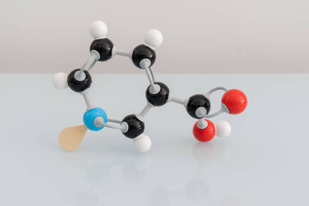 Picture of isolated vitamin B3 made by molecular model with reflection on white background. Niacin chemical formula with colored atoms and bonds