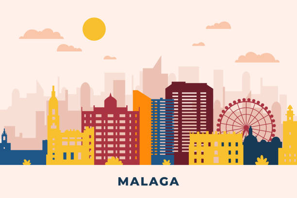 papierstil malaga skyline vektorillustration - architecture art backgrounds church stock-grafiken, -clipart, -cartoons und -symbole