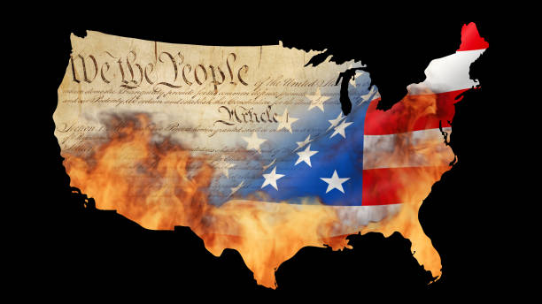 istock Burning USA map - flag and Constitution 1337596588