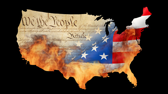 Burning USA map - flag and Constitution