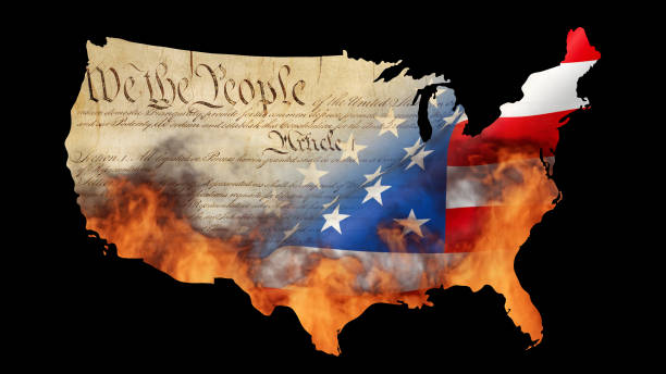 istock Burning USA map - flag and Constitution 1337596597