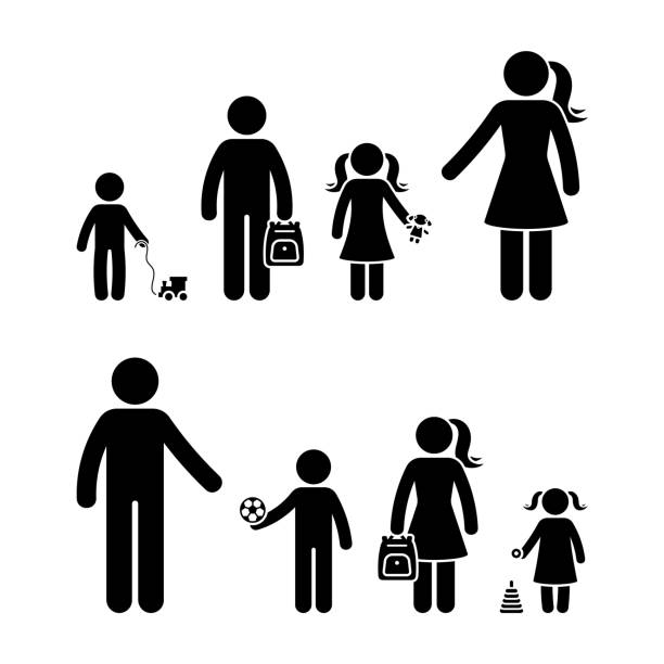 Stick figure mother standing with sons and daughter, father with kids vector icon set. Boy and girl with backpack going back to school, children playing with toys pictogram silhouette on white Stick figure mother standing with sons and daughter, father with kids vector icon set. Boy and girl with backpack going back to school, children playing with toys pictogram silhouette on white doll stock illustrations