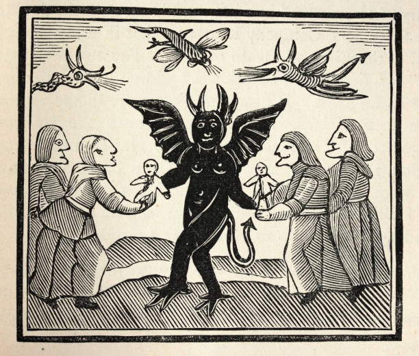 The Witch of the Woodlands, Evocation, summoning a demon, Vintage woodcut illustration Vintage illustration of from an 18th Century Chapbook, The Witch of the Woodlands, or the Cobler's New Translation allegory painting illustrations stock illustrations