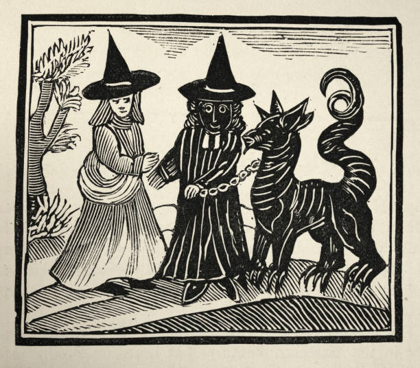 ilustrações de stock, clip art, desenhos animados e ícones de the witch of the woodlands, evocation, summoning a demon, vintage woodcut illustration - voodoo