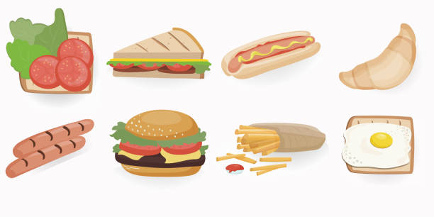 ilustrações, clipart, desenhos animados e ícones de coleta de alimentos. comida de rua rápida. coleção de desenhos animados vetoriais - sandwich turkey bread toast