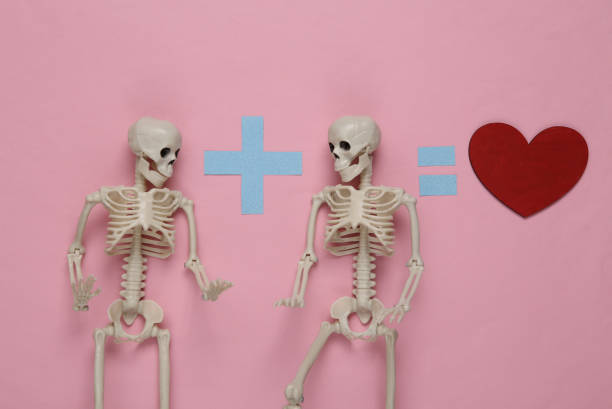 istock Equation with two skeletons and a heart on a pink background 1337599362
