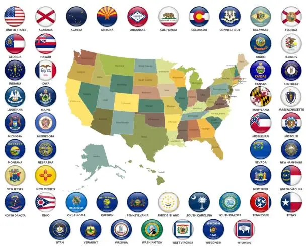 Vector illustration of High Detailed USA Map with Complete Flag Collection