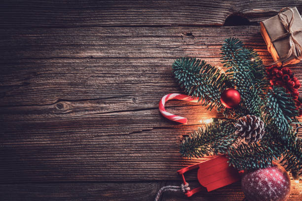 istock Christmas vintage background on rustic wood table 1337599657