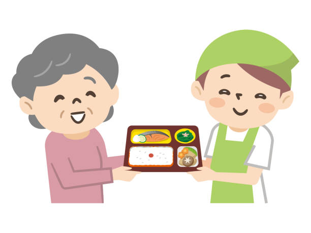 ilustraciones, imágenes clip art, dibujos animados e iconos de stock de ilustración de una mujer mayor que utiliza un servicio de almuerzo a domicilio - meals on wheels illustrations