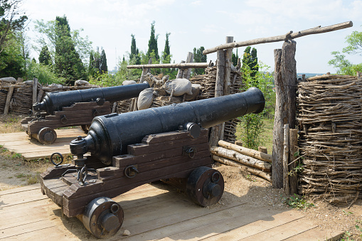 July 11, 2021: Ancient cannons and fortifications in the Malakhov Kurgan memorial complex. Sevastopol.