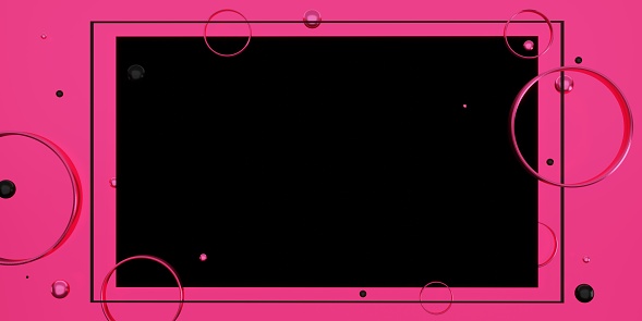 black text frame on a pink background Decorated with beads and rings 3D illustration