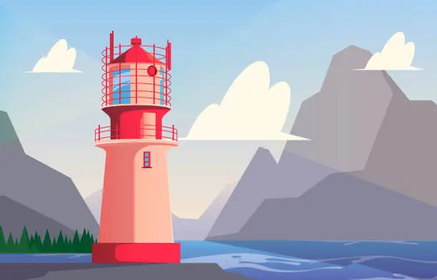 Vector illustration of Lighthouse background. Travel outdoor light for marine travellers lighthouse for ship easy navigation in ocean or sea garish vector cartoon landscape