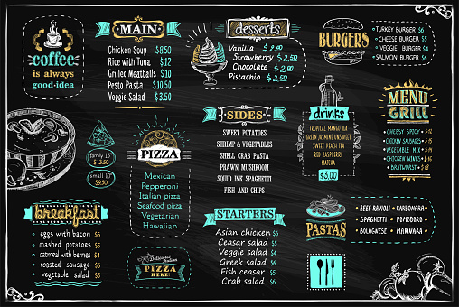 Chalk menu list on a blackboard, vector design template for cafe or restaurant, starters and main, sides, desserts and pizza, burgers, grill menu, coffee and other drinks, etc.