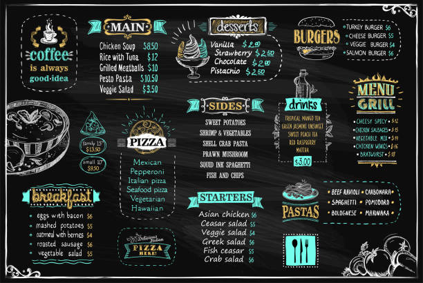 Chalk menu list on a blackboard, vector design template for cafe or restaurant Chalk menu list on a blackboard, vector design template for cafe or restaurant, starters and main, sides, desserts and pizza, burgers, grill menu, coffee and other drinks, etc. breakfast borders stock illustrations