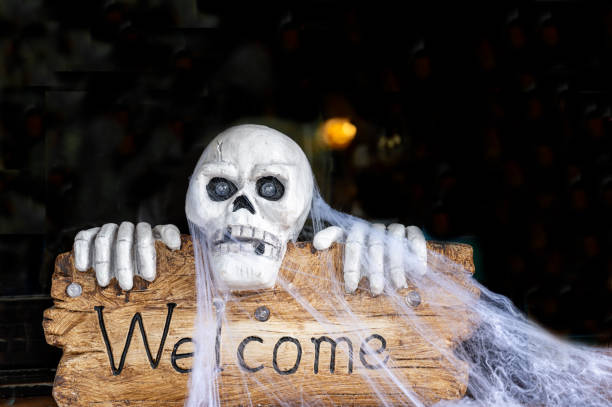 istock Wood sign with word Welcome. Skull with spider web. Halloween event. 1337608335