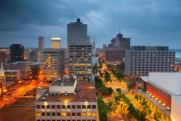 Memphis, Tennessee, USA downtown city skyline at dusk.