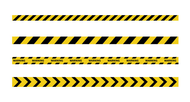 흰색 배경에 경고 테이프. 검은색과 노란색 선이 줄무늬입니다. 주의 및 위험 테이프. 벡터 일러스트레이션 - warning symbol stock illustrations