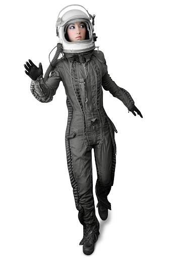astronaut fashion woman full length space suit helmet isolated on white