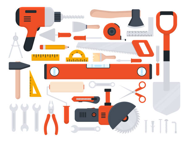 ilustraciones, imágenes clip art, dibujos animados e iconos de stock de icono de herramientas conjunto grande. reparar, construir y trabajar instrumentos rojos de gran colección en estilo plano. - repair shop illustrations