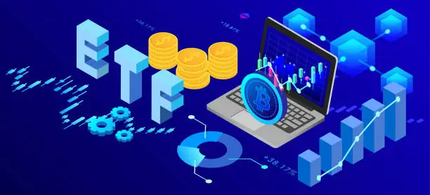 Vector illustration of ETF Bitcoin blockchain technology funding digital currency